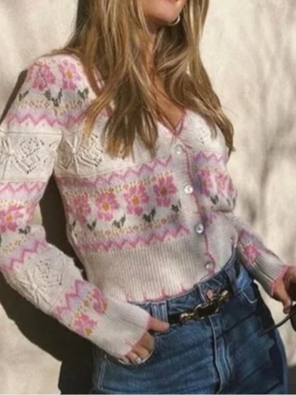 Zara blogger’s fave pastel Floral jacquard knit Fair Isle V-Neck Button Cardigan